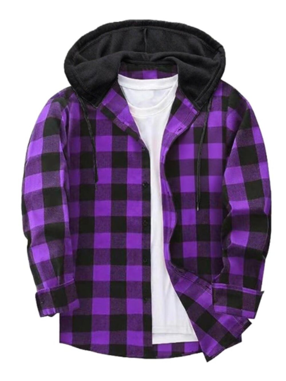 New XXL Men's Hooded Flannel Shirt Purple Buffalo Plaid Long Sleeve Top Pockets